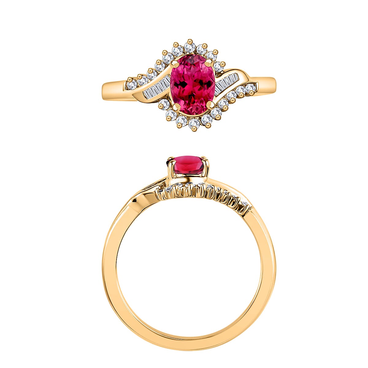 Luxoro Premium Ouro Fino Rubellite and G-H I1 Diamond 1.10 ctw Ring in 14K Yellow Gold (Size 4.0) image number 3