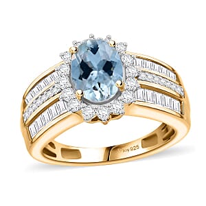 Santa Maria Aquamarine and Moissanite 2.00 ctw Sunburst Ring in 18K Vermeil Yellow Gold Over Sterling Silver (Size 5.0)