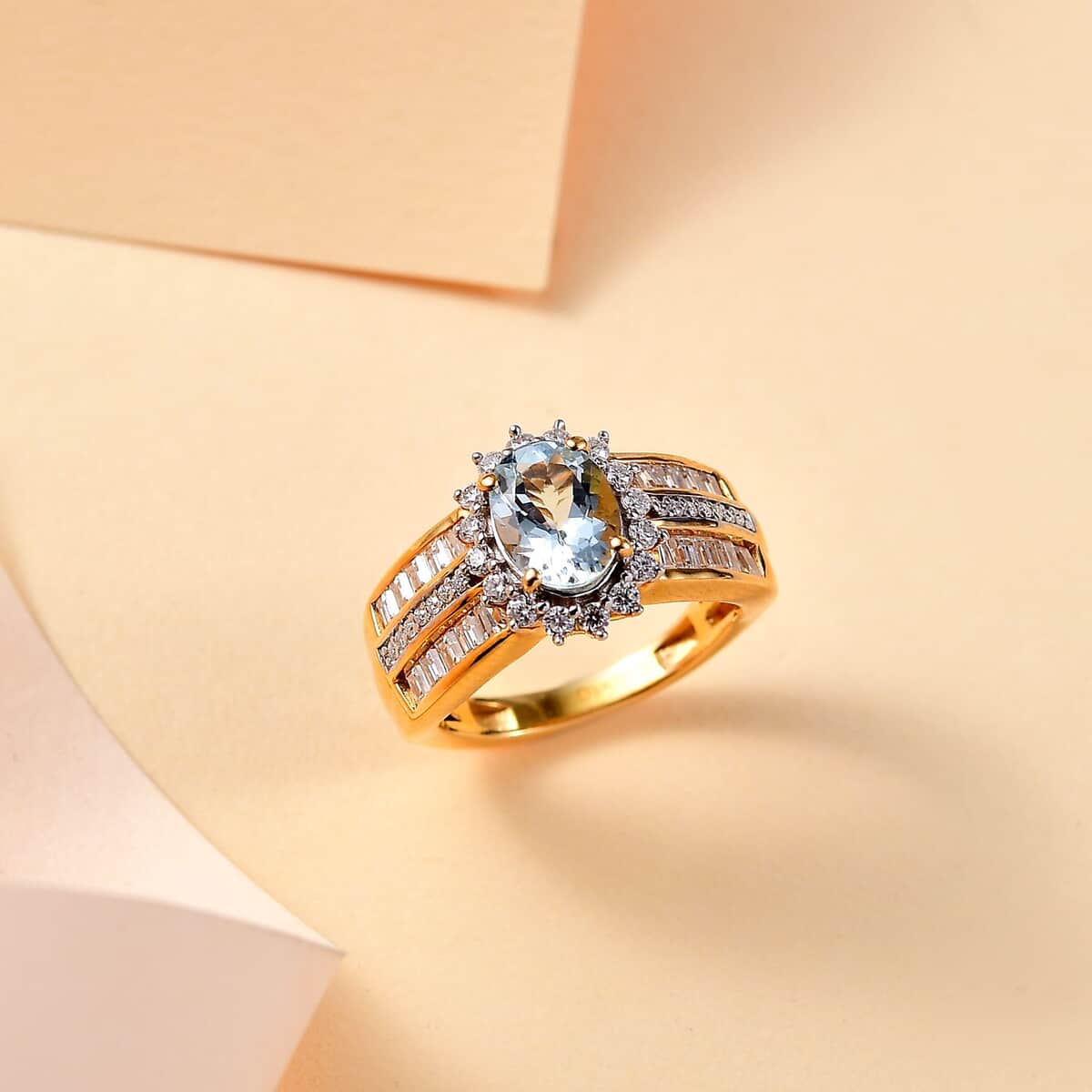 Doorbuster Santa Maria Aquamarine and Moissanite 2.00 ctw Sunburst Ring in 18K Vermeil Yellow Gold Over Sterling Silver (Size 7.0) image number 1