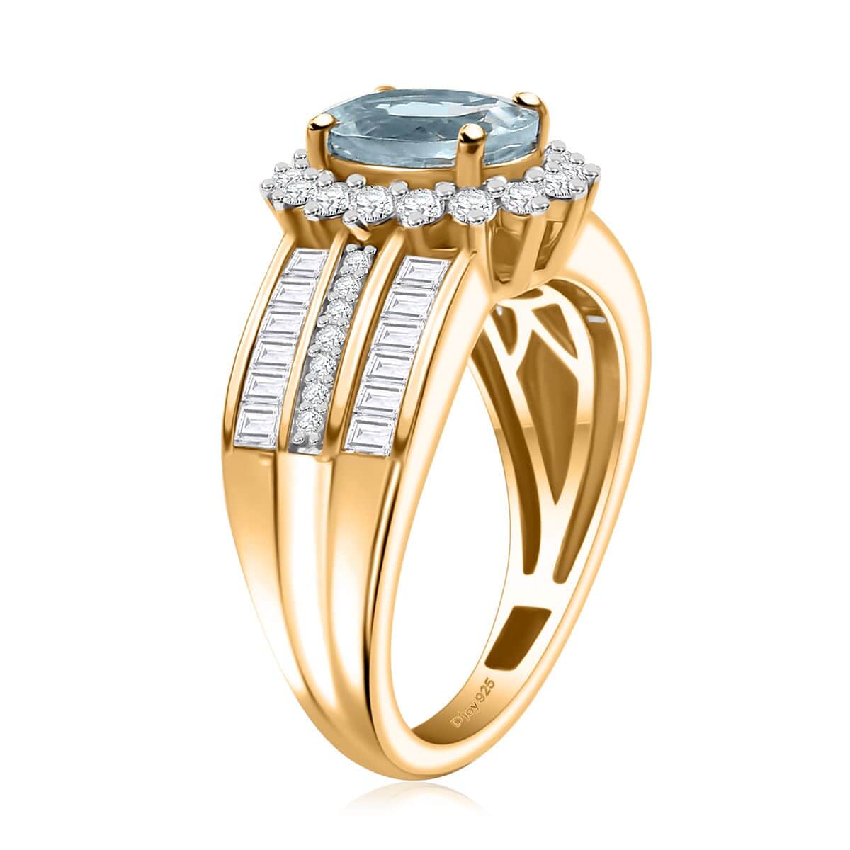 Doorbuster Santa Maria Aquamarine and Moissanite 2.00 ctw Sunburst Ring in 18K Vermeil Yellow Gold Over Sterling Silver (Size 7.0) image number 3