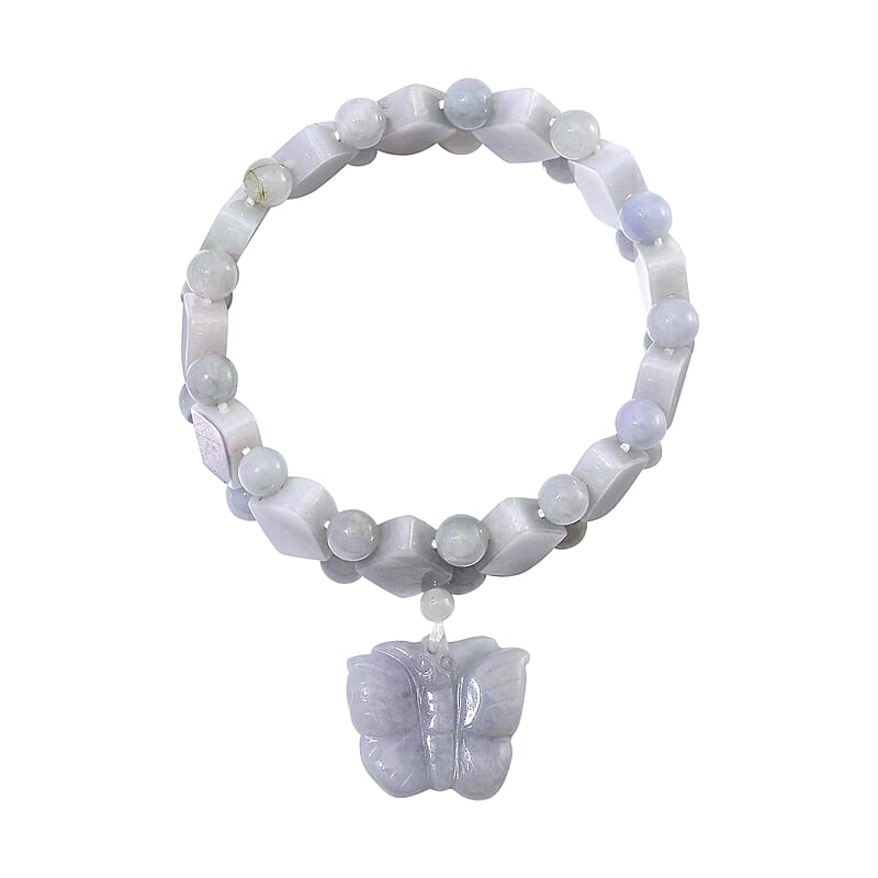 Natural Jade 300.00 ctw Beaded Stretch Bracelet with Butterfly Charm