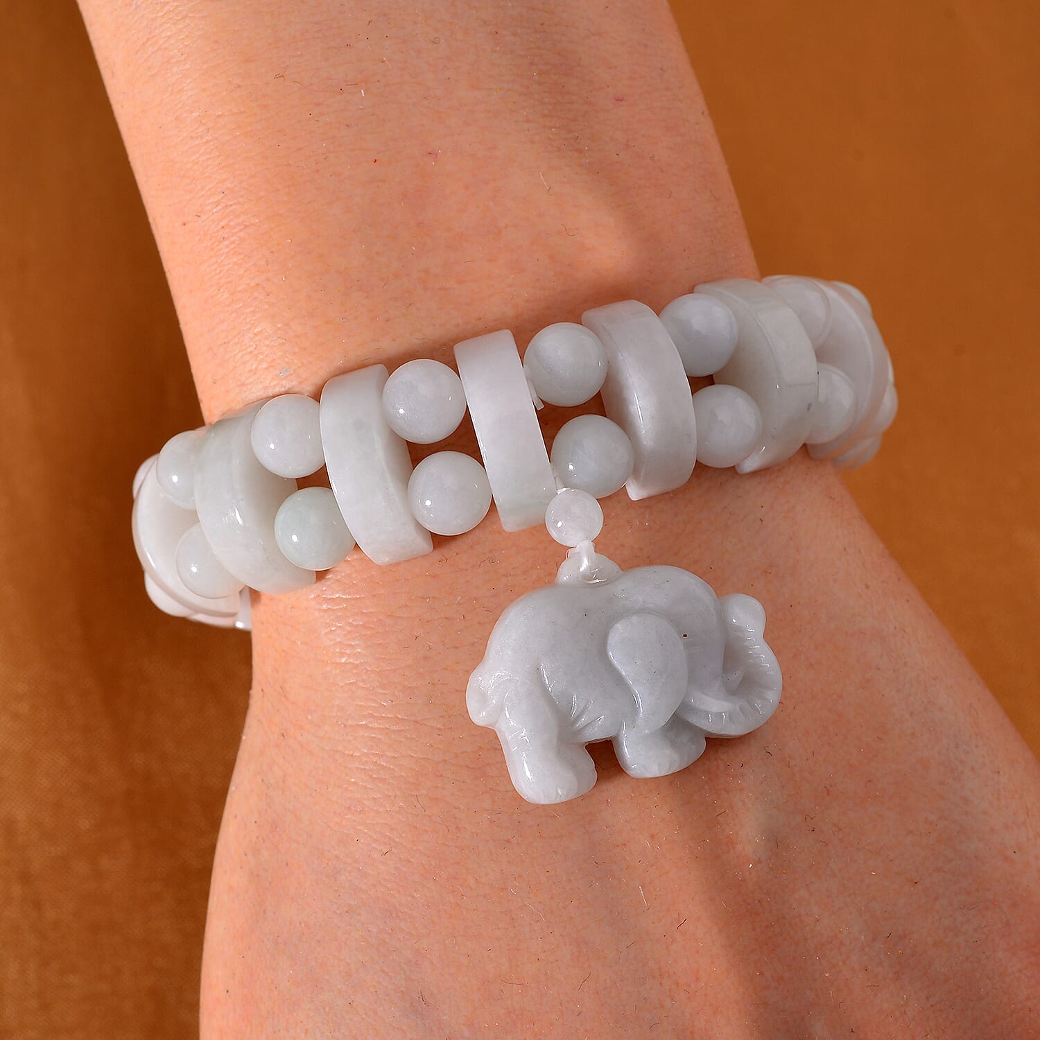 Natural Jade 300.00 ctw Beaded Stretch Bracelet with Elephant Charm