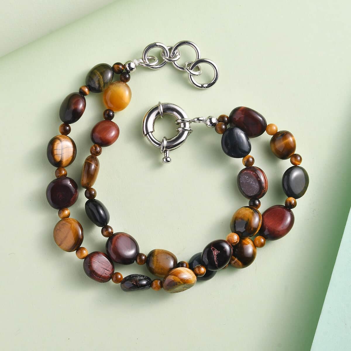 Karis Red Tiger Eye and Tigers Eye 252.00 ctw 2 Row Bracelet in Platinum Bond (7.25 In) image number 1