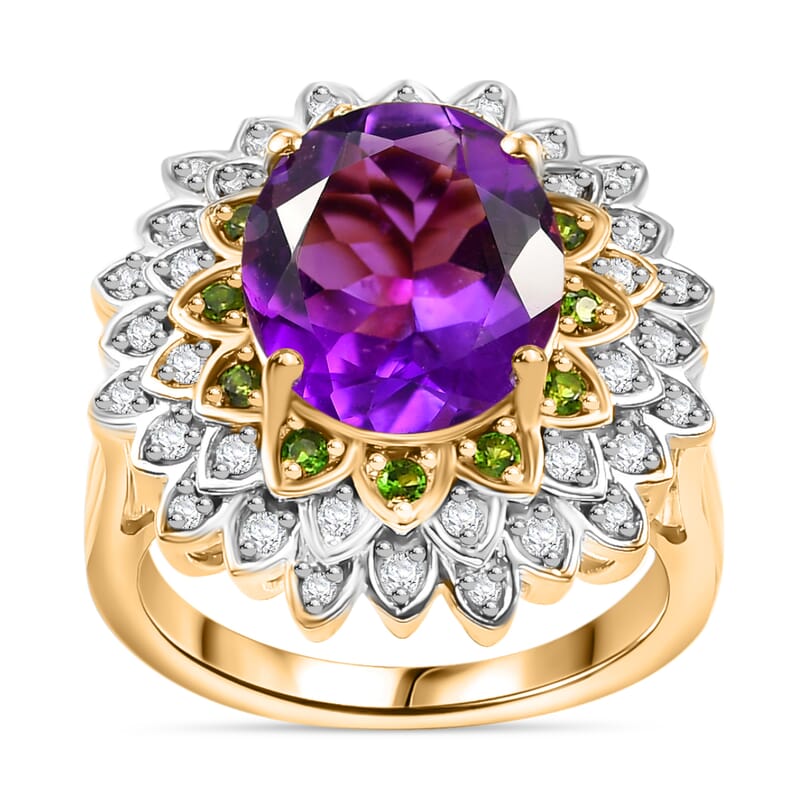 D'Joy Moroccan Amethyst and Multi Gemstone 5.00 ctw Sunflower Ring in 18K Vermeil Yellow Gold Over Sterling Silver (Size 10.0)