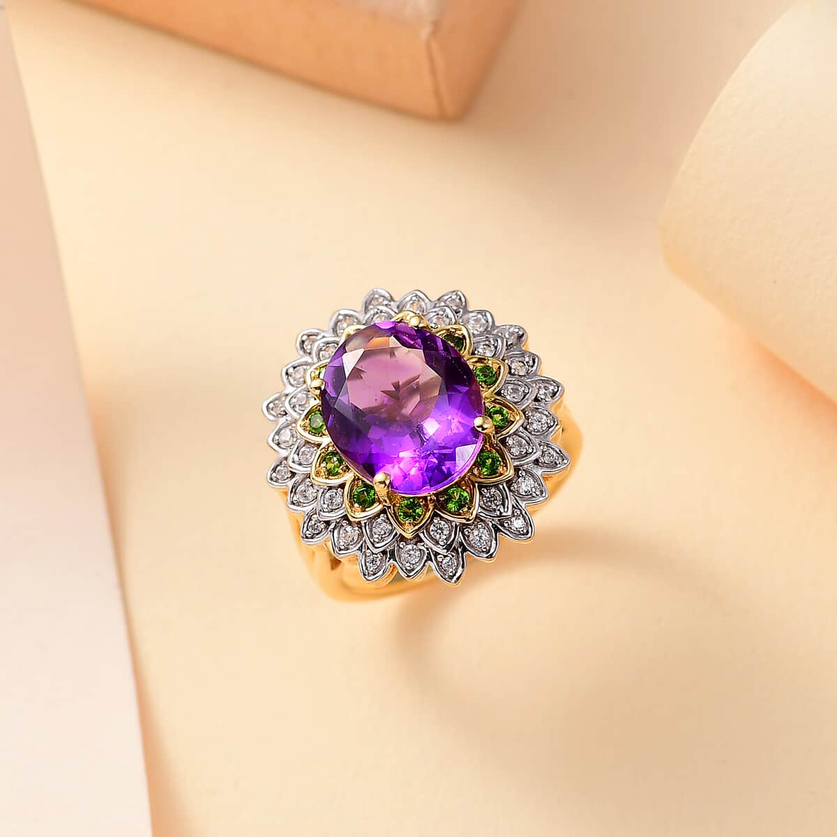 Moroccan Amethyst and Multi Gemstone 5.00 ctw Sunflower Ring in 18K Vermeil Yellow Gold Over Sterling Silver (Size 10.0) image number 1