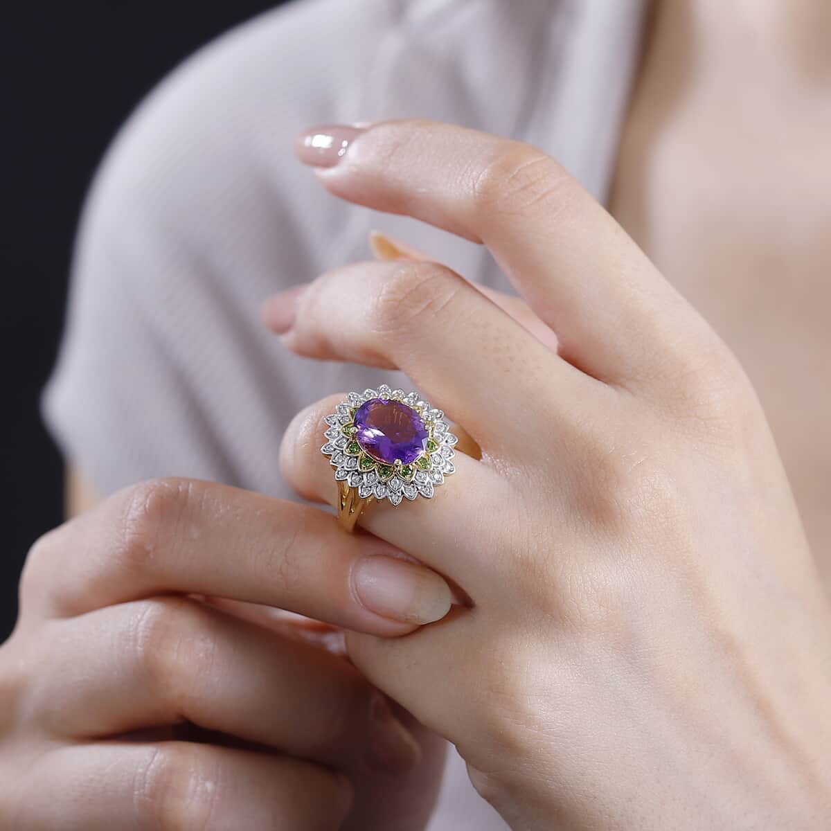 Moroccan Amethyst and Multi Gemstone 5.00 ctw Sunflower Ring in 18K Vermeil Yellow Gold Over Sterling Silver (Size 10.0) image number 2