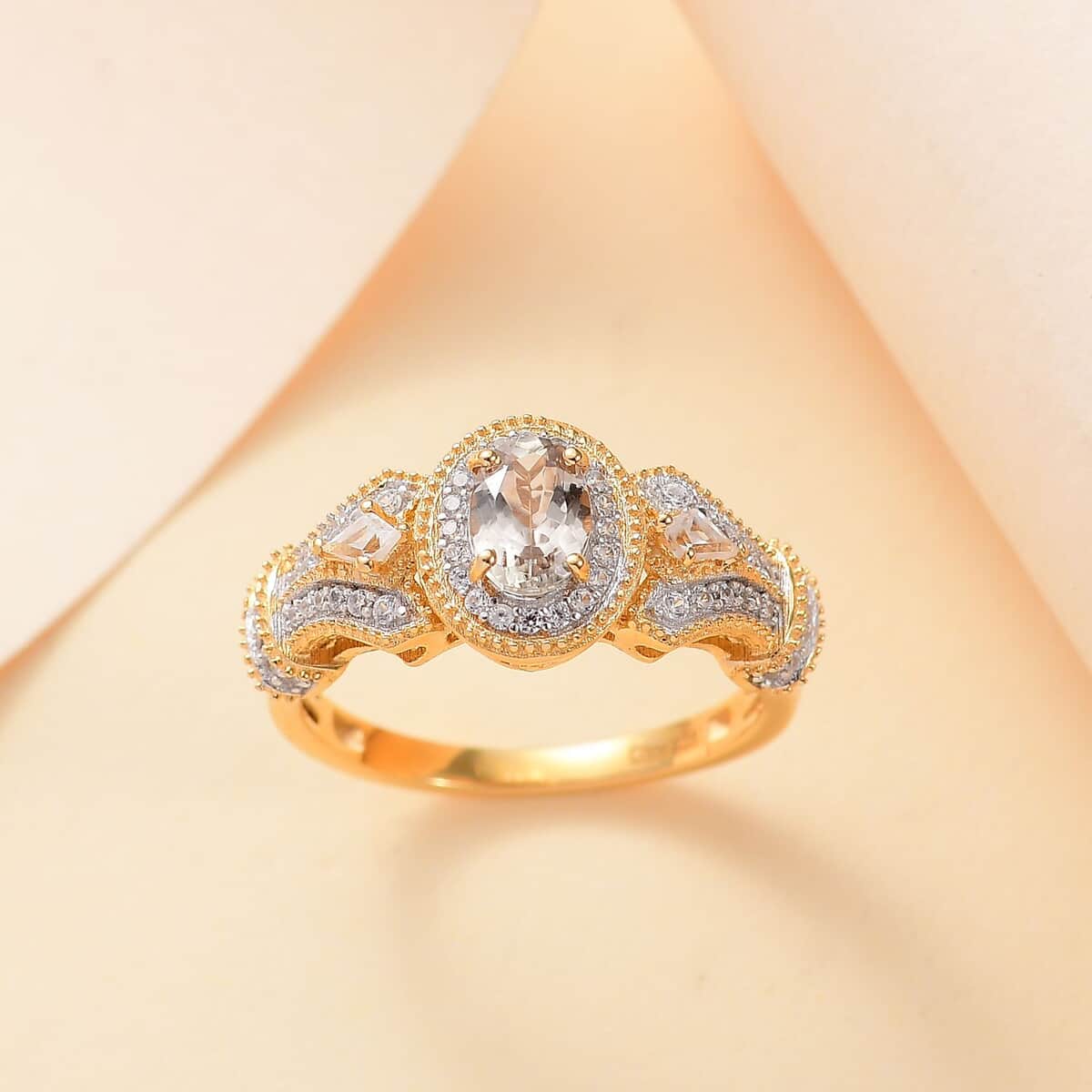 AAA Turkizite and White Zircon 1.40 ctw Art Deco Ring in 18K Vermeil Yellow Gold Over Sterling Silver (Size 5.0) image number 1