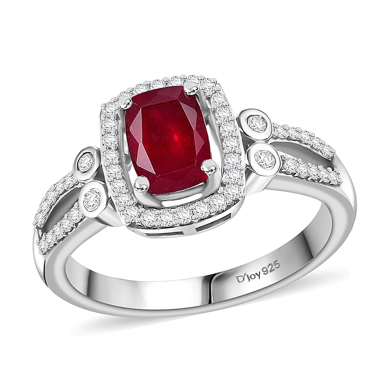 Niassa Ruby (FF) and White Zircon 1.75 ctw Twilight Blossom Ring in Rhodium Over Sterling Silver (Size 10.0)