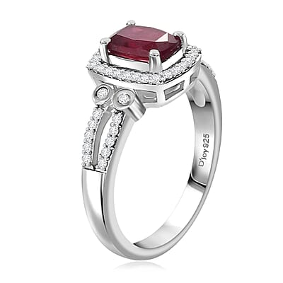 Niassa Ruby (FF) and White Zircon 1.75 ctw Twilight Blossom Ring in Rhodium Over Sterling Silver (Size 10.0)