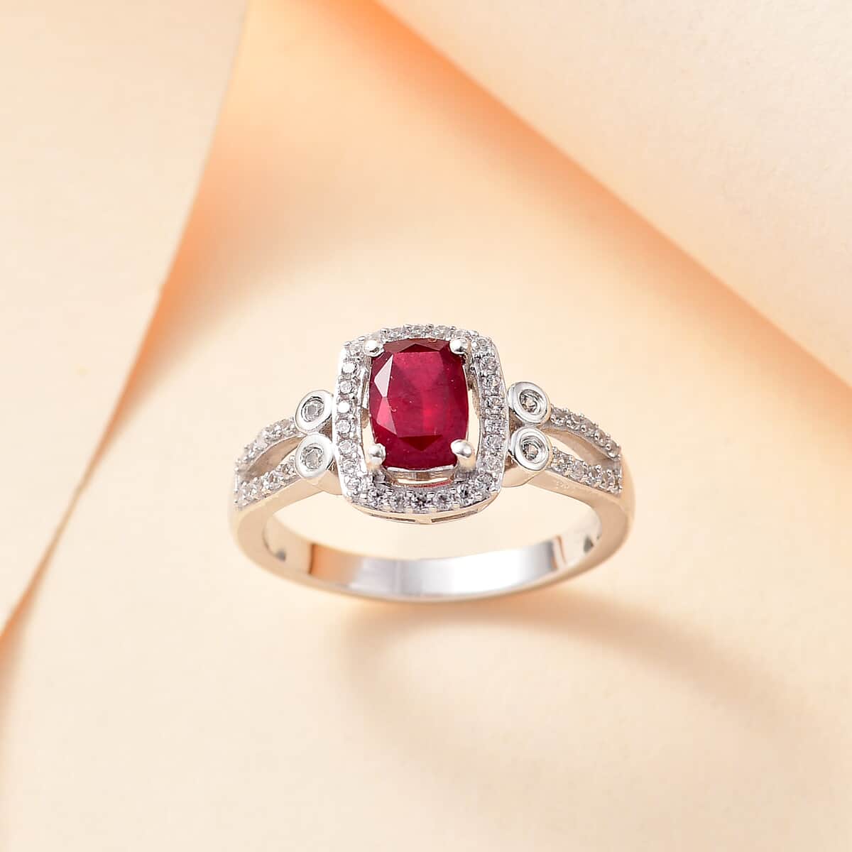 Niassa Ruby (FF) and White Zircon 1.75 ctw Twilight Blossom Ring in Rhodium Over Sterling Silver (Size 6.0) image number 1