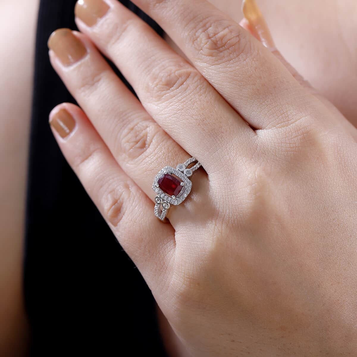 Niassa Ruby (FF) and White Zircon 1.75 ctw Twilight Blossom Ring in Rhodium Over Sterling Silver (Size 6.0) image number 2