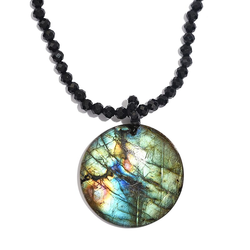 Malagasy Labradorite and Thai Black Spinel 68.00 ctw Beaded Necklace in Stainless Steel 20 Inches