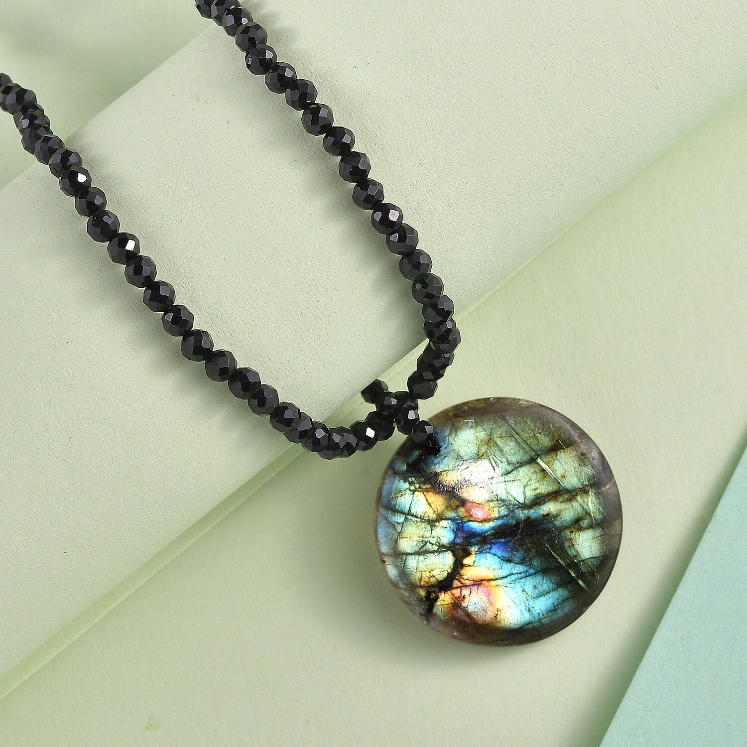 Malagasy Labradorite and Thai Black Spinel 68.00 ctw Beaded Necklace in Stainless Steel 20 Inches