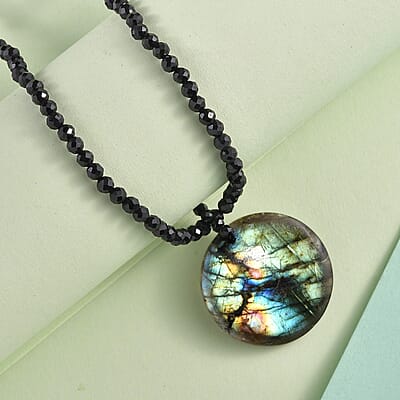 Malagasy Labradorite and Thai Black Spinel 68.00 ctw Beaded Necklace in Stainless Steel 20 Inches