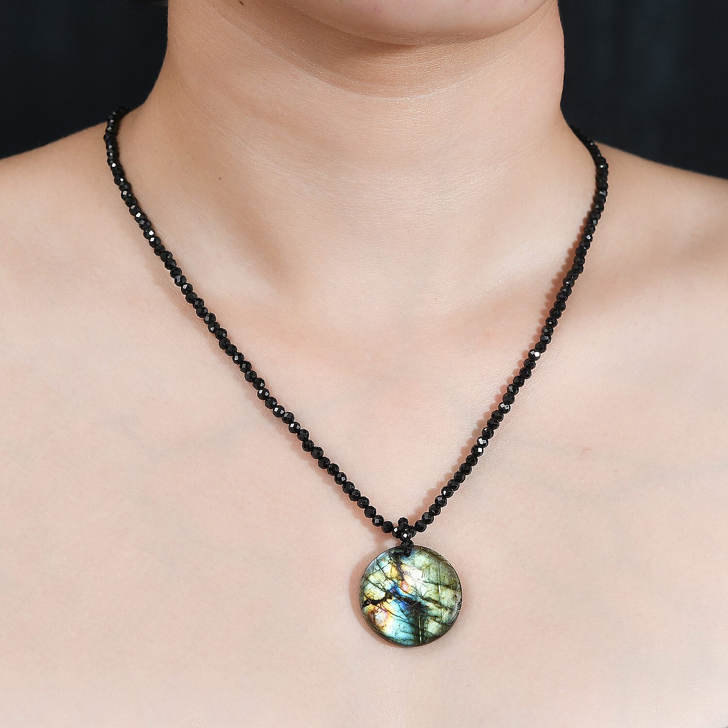 Malagasy Labradorite and Thai Black Spinel 68.00 ctw Beaded Necklace in Stainless Steel 20 Inches