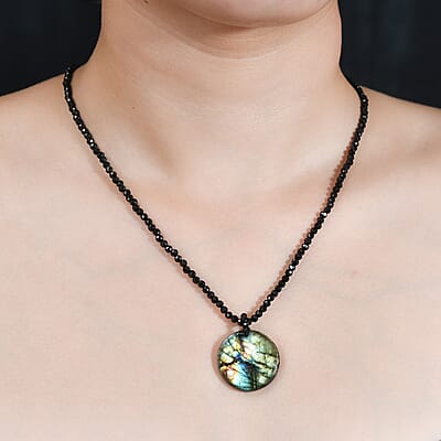 Malagasy Labradorite and Thai Black Spinel 68.00 ctw Beaded Necklace in Stainless Steel 20 Inches