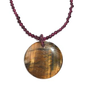 Tigers Eye and Rhodolite Garnet 95.00 ctw Beaded Necklace in Stainless Steel 20 Inches