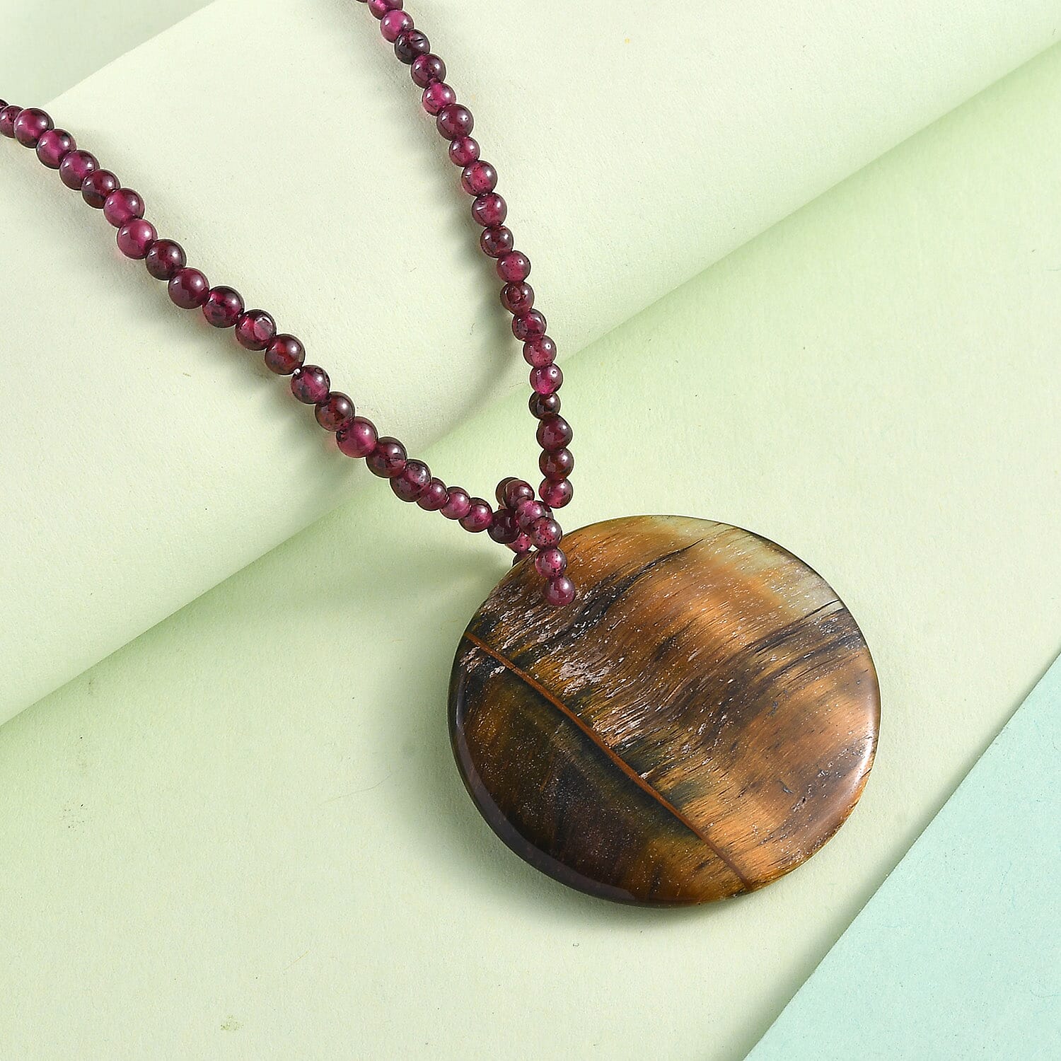 Tigers Eye Pendant and Rhodolite Garnet 95.00 ctw Beaded Necklace in Stainless Steel 20 Inches