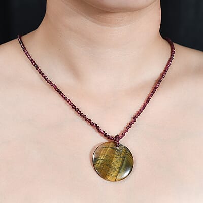 Tigers Eye Pendant and Rhodolite Garnet 95.00 ctw Beaded Necklace in Stainless Steel 20 Inches