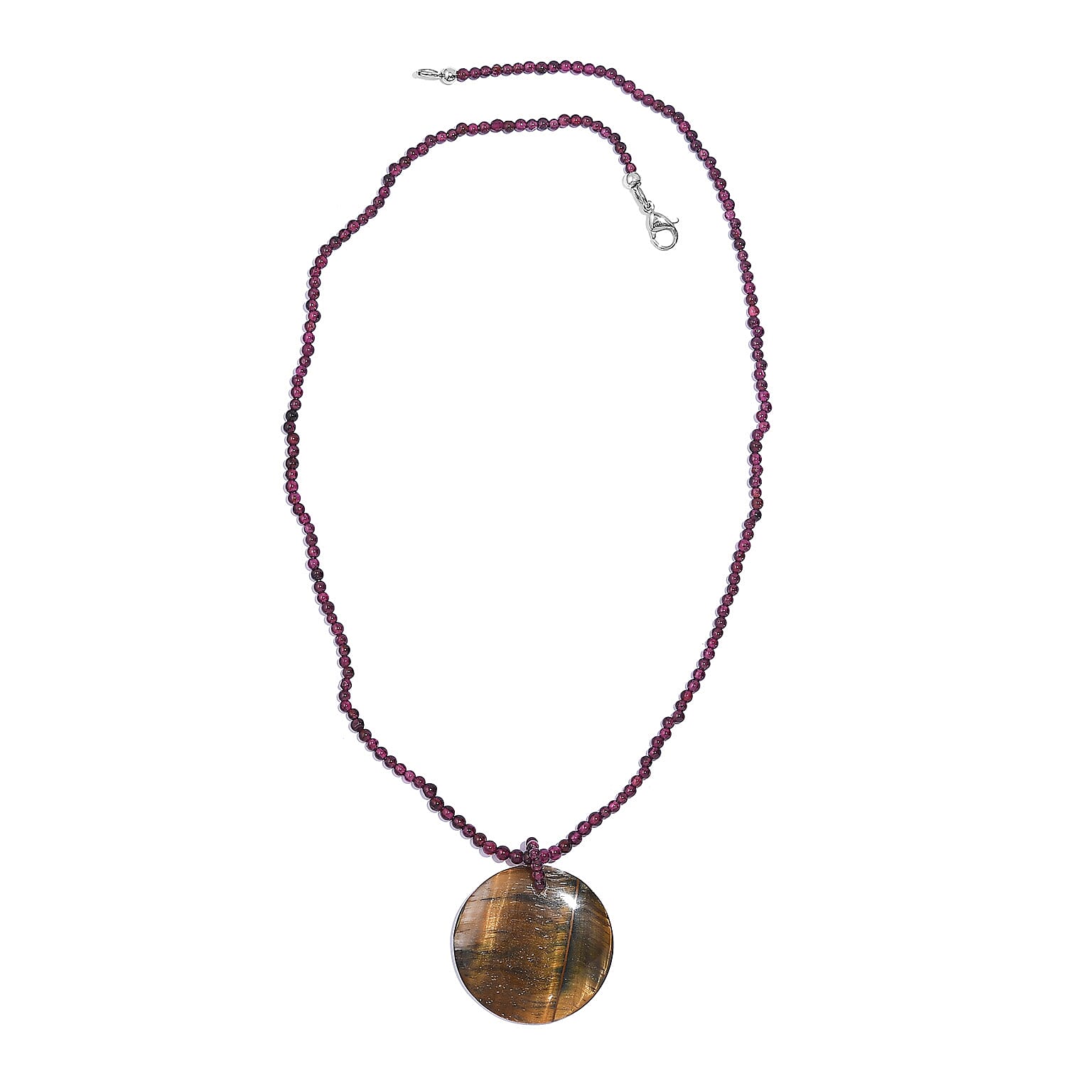 Tigers Eye Pendant and Rhodolite Garnet 95.00 ctw Beaded Necklace in Stainless Steel 20 Inches