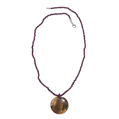 Tigers Eye Pendant and Rhodolite Garnet 95.00 ctw Beaded Necklace in Stainless Steel 20 Inches