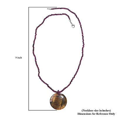Tigers Eye Pendant and Rhodolite Garnet 95.00 ctw Beaded Necklace in Stainless Steel 20 Inches
