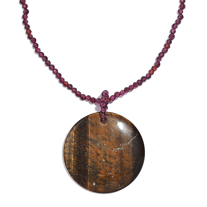 Tigers Eye and Rhodolite Garnet 77.00 ctw Beaded Necklace in Stainless Steel 20 Inches