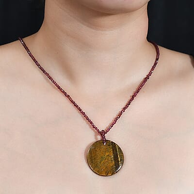 Tigers Eye and Rhodolite Garnet 77.00 ctw Beaded Necklace in Stainless Steel 20 Inches