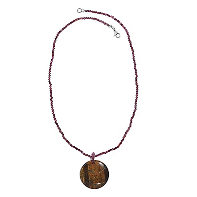 Tigers Eye and Rhodolite Garnet 77.00 ctw Beaded Necklace in Stainless Steel 20 Inches