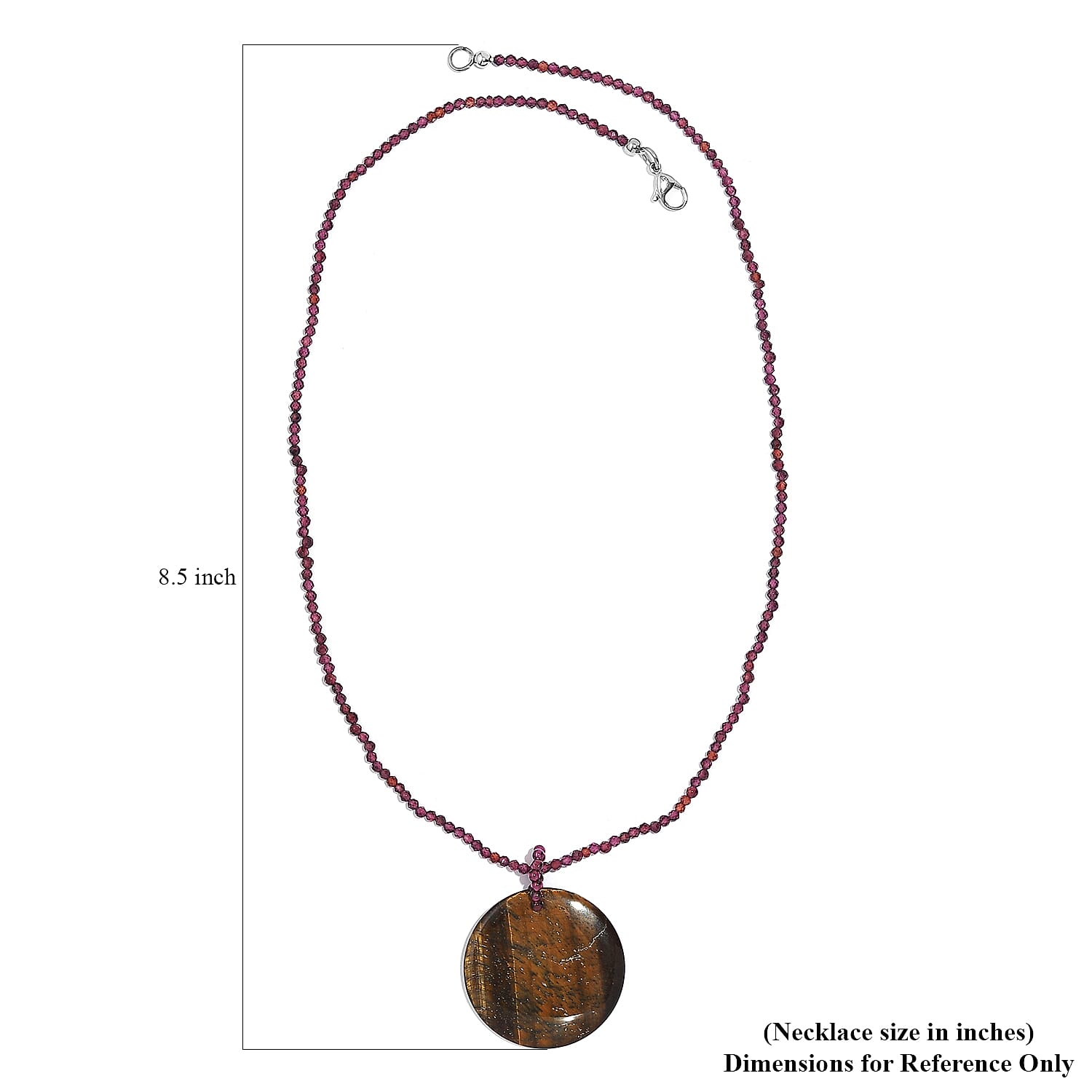 Tigers Eye and Rhodolite Garnet 77.00 ctw Beaded Necklace in Stainless Steel 20 Inches