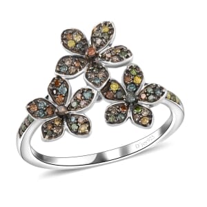 Multi Diamond 0.33 ctw Floral Ring in Platinum Over Sterling Silver (Size 7.0)