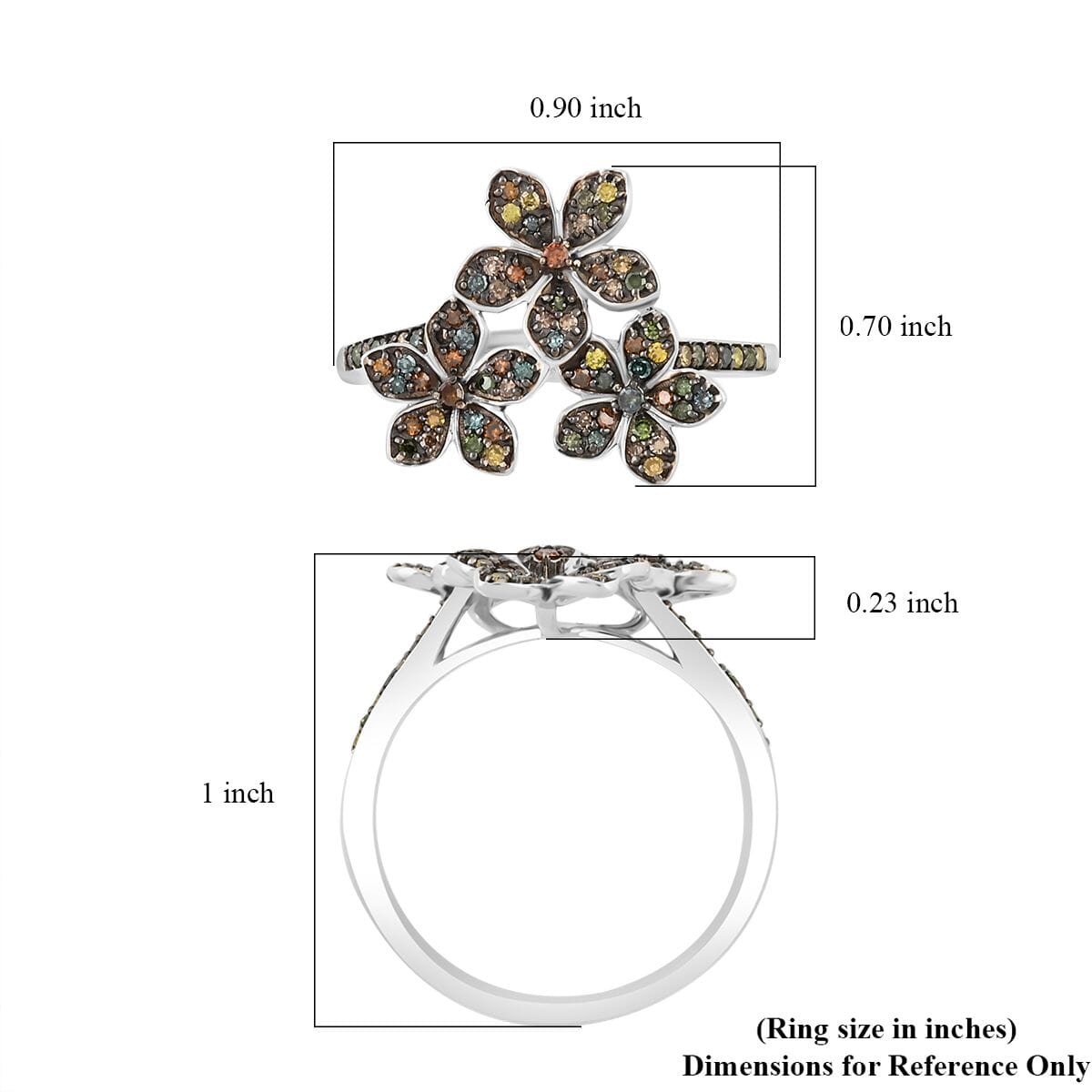 Multi Diamond 0.33 ctw Floral Ring in Platinum Over Sterling Silver (Size 7.0) image number 4