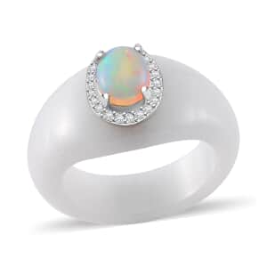 Natural Jade, Ethiopian Welo Opal and White Zircon 28.10 ctw Eternal Harmony Ring in Rhodium Over Sterling Silver (Size 7.0)