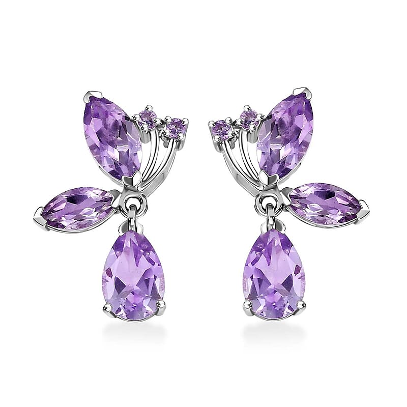 GP Trionfo Collection Premium Rose De France Amethyst 5.60 ctw Butterfly Earrings in Rhodium Over Sterling Silver