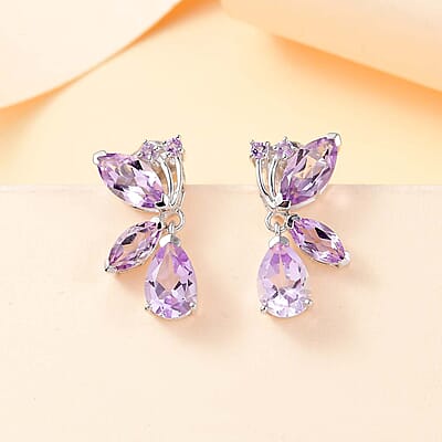 GP Trionfo Collection Premium Rose De France Amethyst 5.60 ctw Butterfly Earrings in Rhodium Over Sterling Silver
