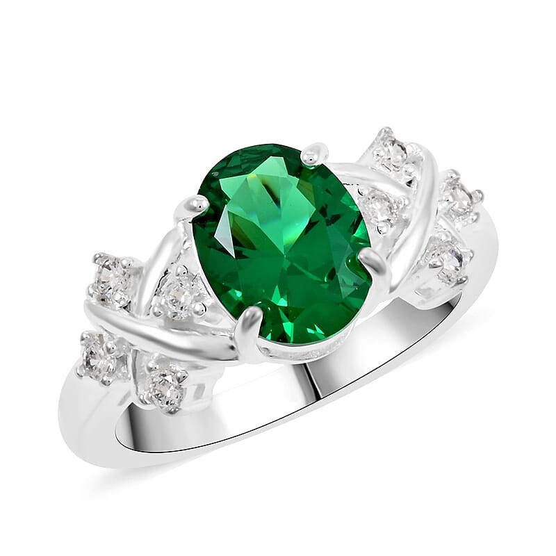 Simulated Emerald and Simulated Diamond 2.10 ctw Ring in Silvertone (Size 10.0)