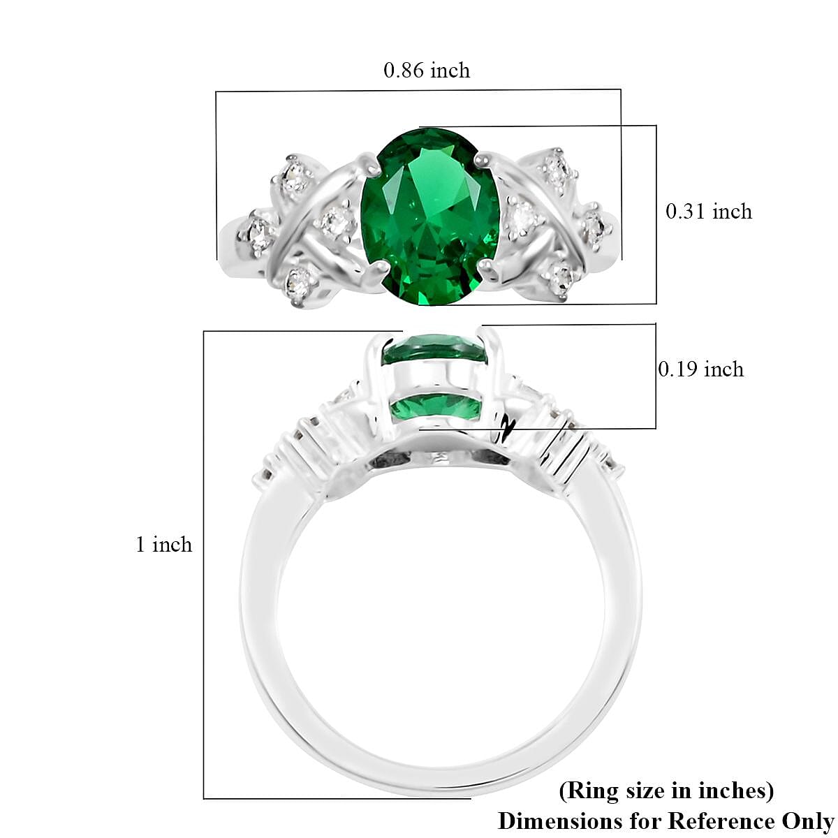 Simulated Emerald and Simulated Diamond 2.10 ctw Ring in Silvertone (Size 10.0)