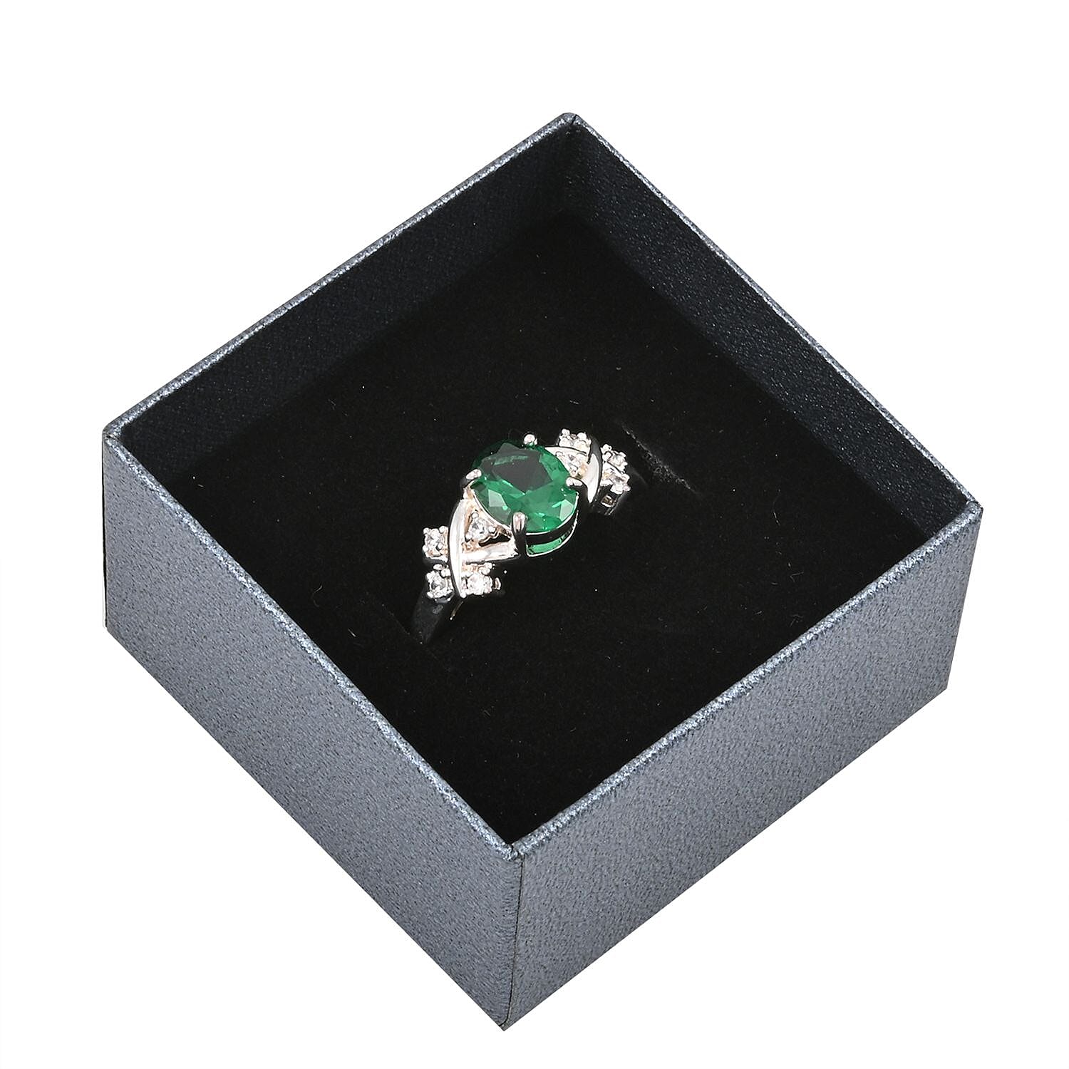 Simulated Emerald and Simulated Diamond 2.10 ctw Ring in Silvertone (Size 10.0)