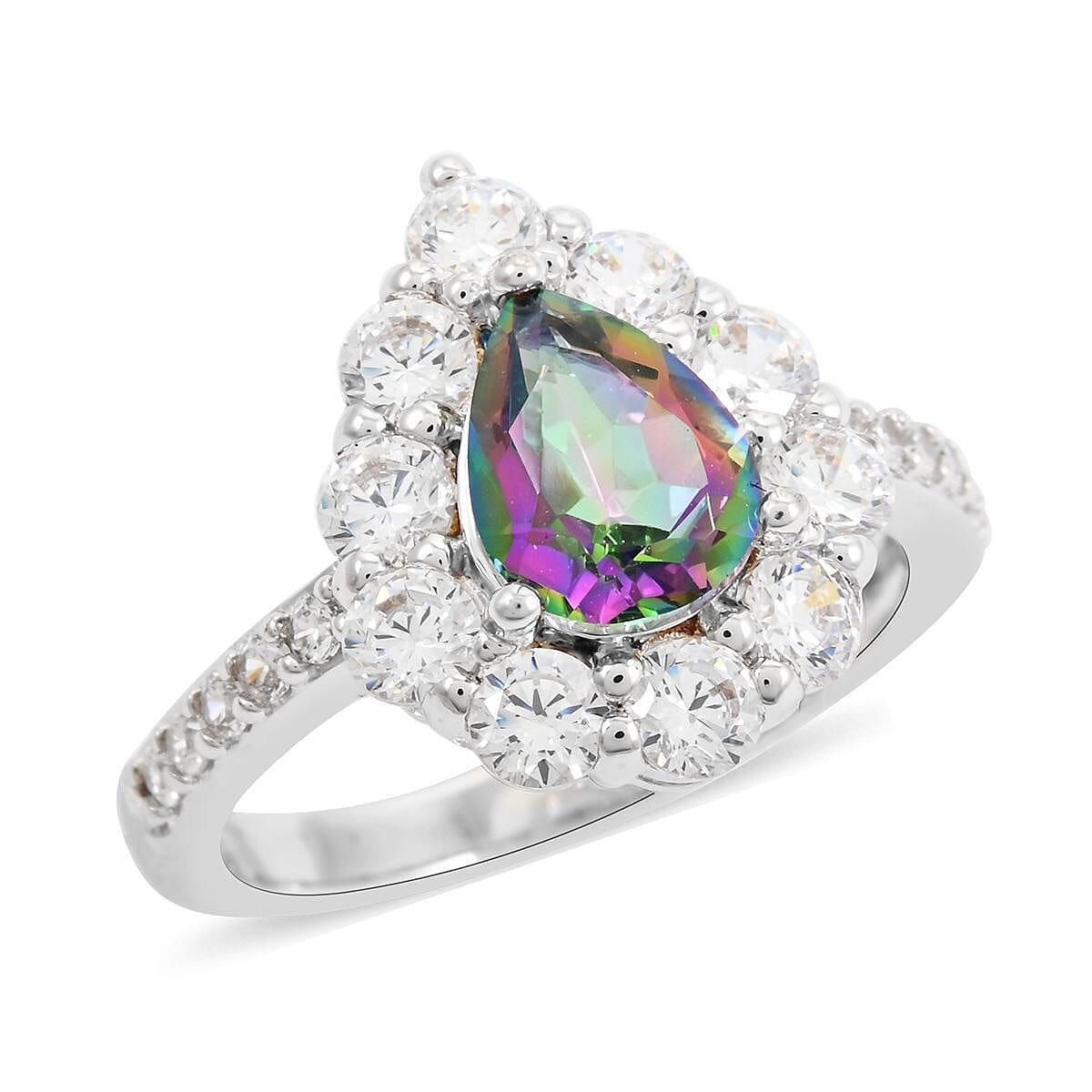 Green Mystic Quartz and Simulated Diamond 2.85 ctw Ring in Silvertone (Size 6.0)