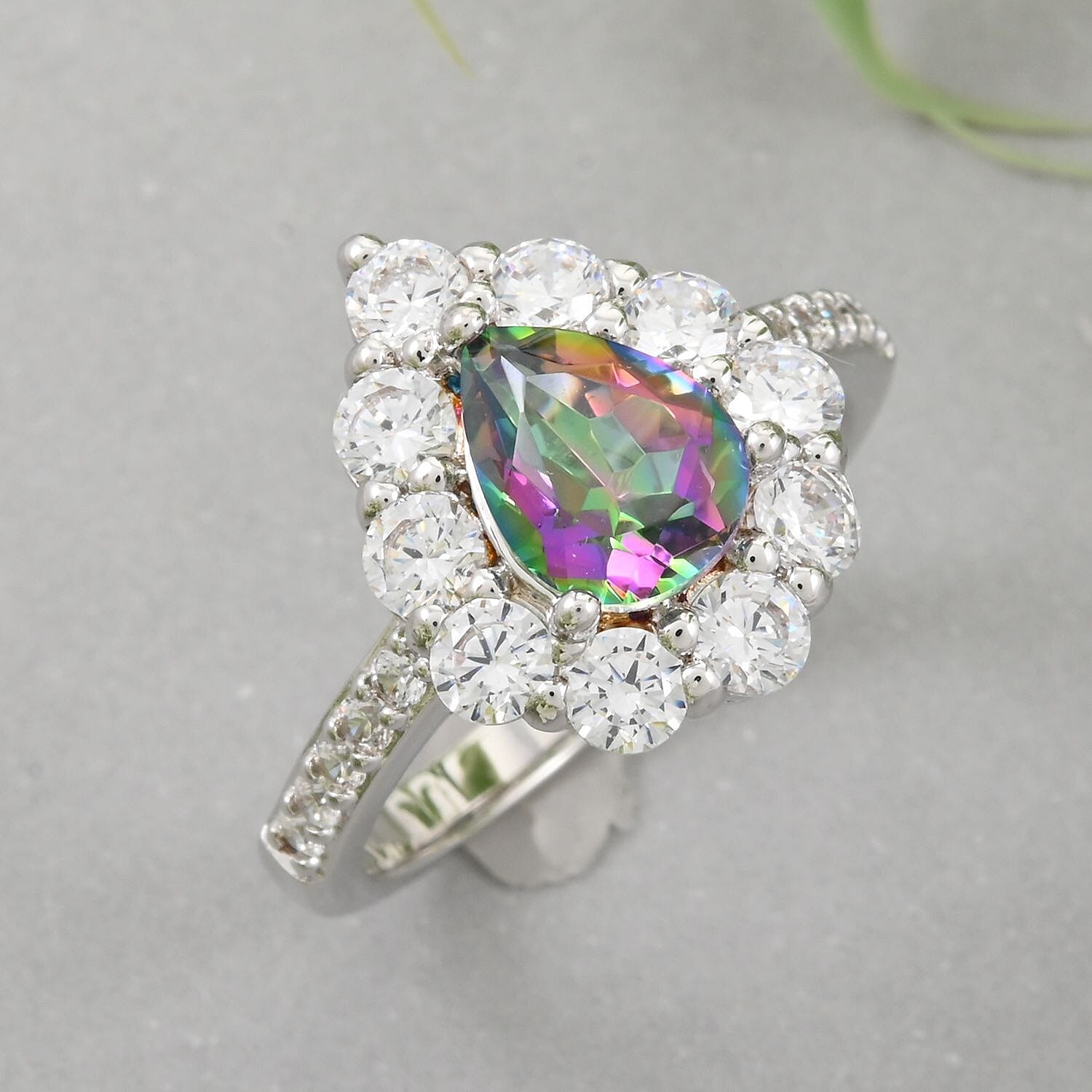 Green Mystic Quartz and Simulated Diamond 2.85 ctw Ring in Silvertone (Size 6.0)