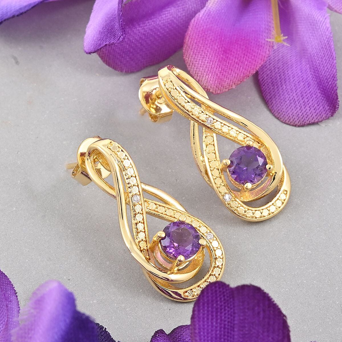 Simulated Amethyst and Simulated Diamond 2.00 ctw Infinity Knot Earrings in Goldtone