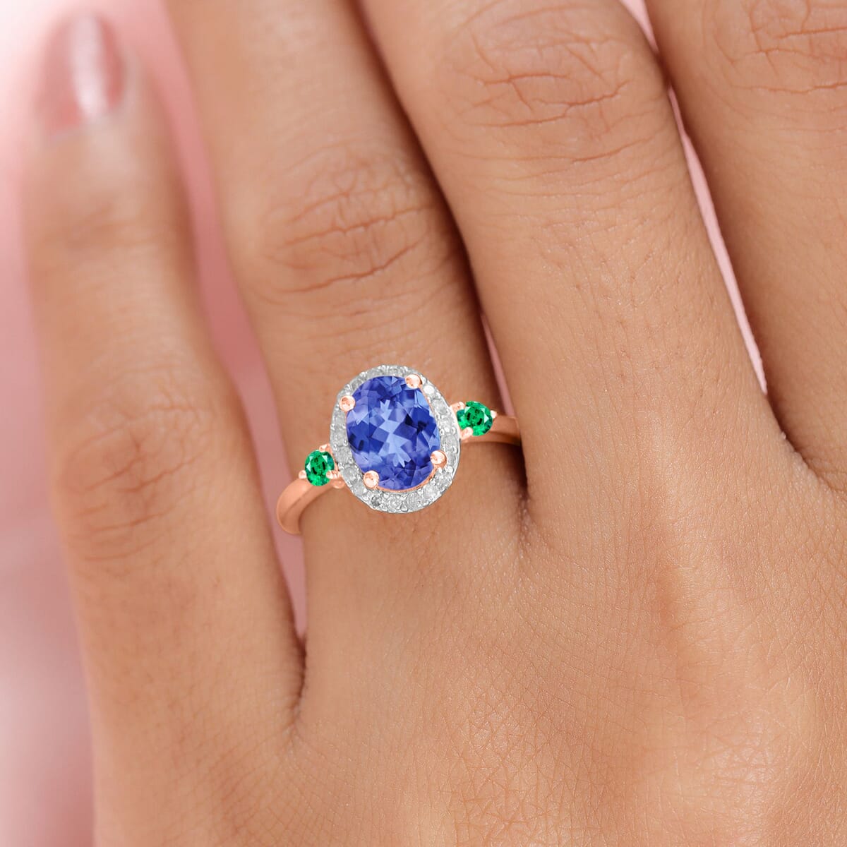Luxoro Premium Tanzanite, Boyaca Colombian Emerald and G-H I1 Diamond 1.70 ctw Ring in 14K Rose Gold (Size 11.5) image number 1