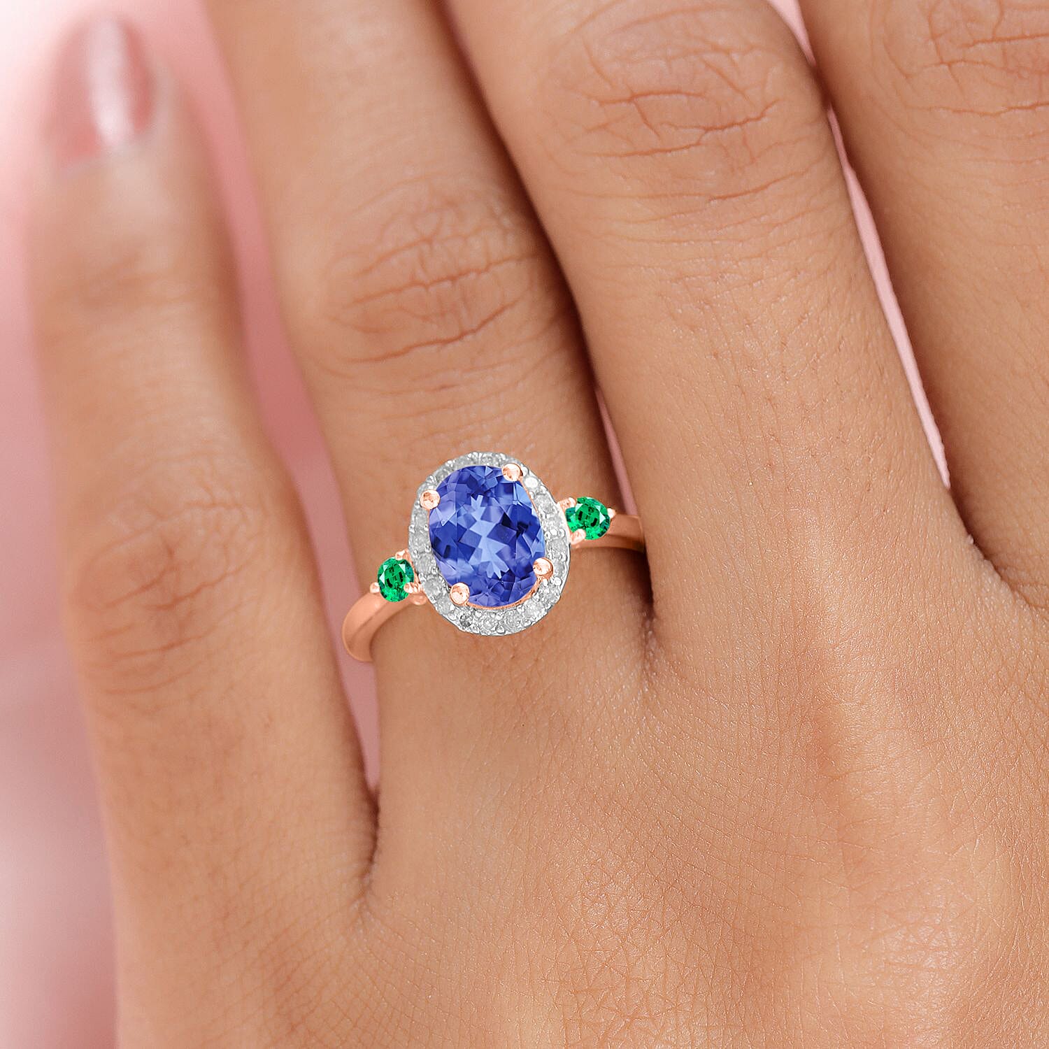 Luxoro Premium Tanzanite, Boyaca Colombian Emerald and G-H I1 Diamond 1.70 ctw Ring in 14K Rose Gold (Size 7.0)