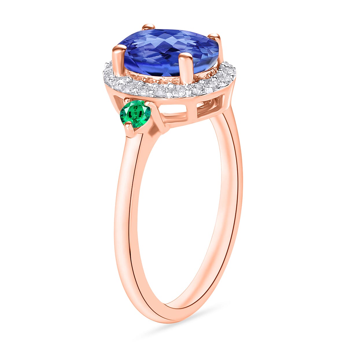 Luxoro Premium Tanzanite, Boyaca Colombian Emerald and G-H I1 Diamond 1.70 ctw Ring in 14K Rose Gold (Size 7.0)