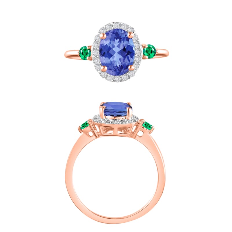 Luxoro Premium Tanzanite, Boyaca Colombian Emerald and G-H I1 Diamond 1.70 ctw Ring in 14K Rose Gold (Size 7.0)