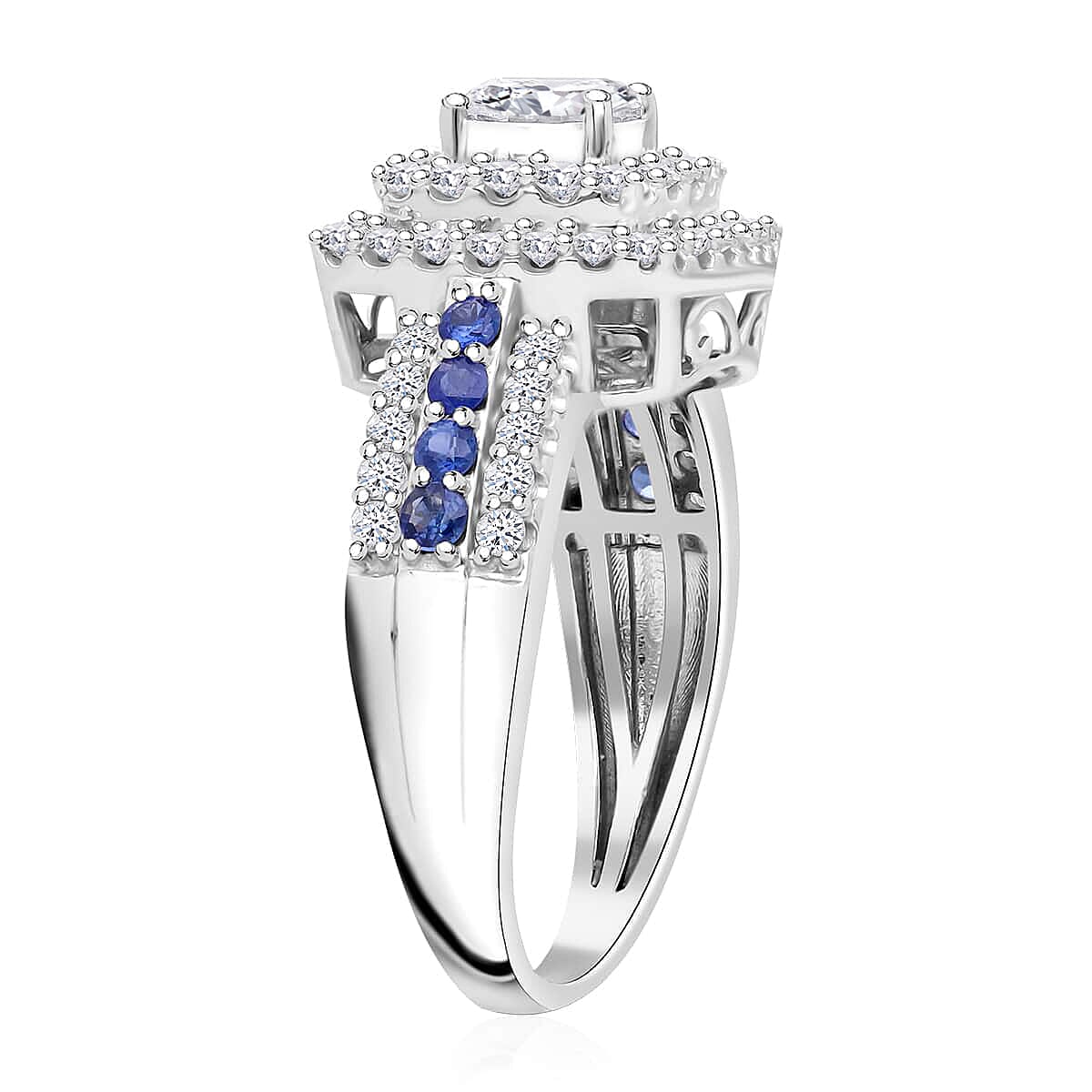 Luxuriant Lab Grown Diamond E-F VS and Blue Sapphire 2.00 ctw Ring in Platinum Over Sterling Silver (Size 10.0)