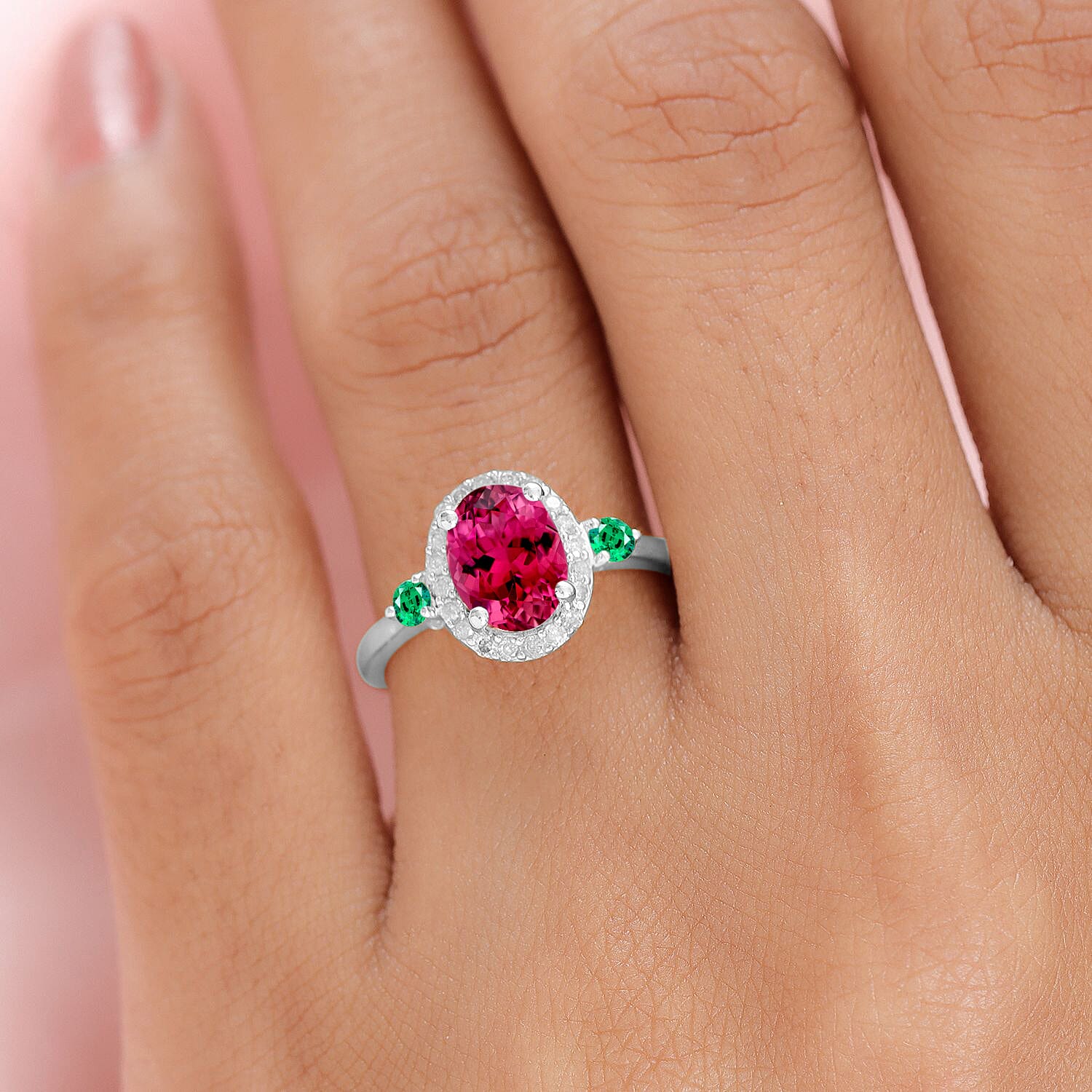 Luxoro Premium Ouro Fino Rubellite, Boyaca Colombian Emerald and G-H I1 Diamond 1.65 ctw Ring in 14K White Gold (Size 10.0) (Del. in 10-12 Days)