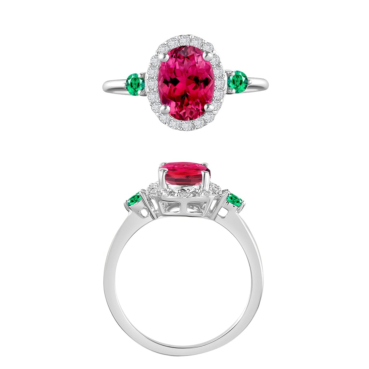 Luxoro Premium Ouro Fino Rubellite, Boyaca Colombian Emerald and G-H I1 Diamond 1.65 ctw Ring in 14K White Gold (Size 10.5) (Del. in 10-12 Days) image number 3