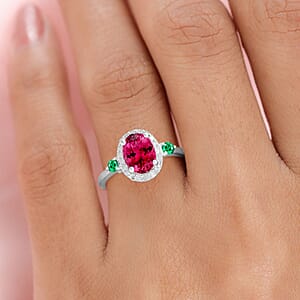 Luxoro Premium Ouro Fino Rubellite, Boyaca Colombian Emerald and G-H I1 Diamond 1.65 ctw Ring in 14K White Gold (Size 4.0) (Del. in 10-12 Days)