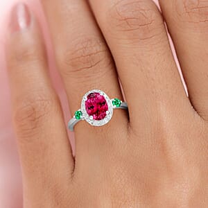 Luxoro Premium Ouro Fino Rubellite, Boyaca Colombian Emerald and G-H I1 Diamond 1.65 ctw Ring in 14K White Gold (Size 9.5) (Del. in 10-12 Days)